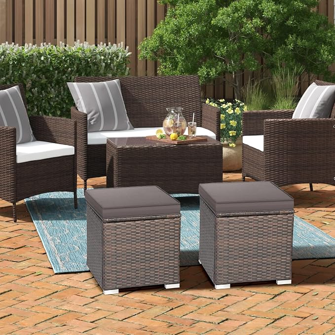 MEDIMALL Patio Wicker Ottoman Set of 2, Rattan Side Table w/Storage, Footstool - Image 8
