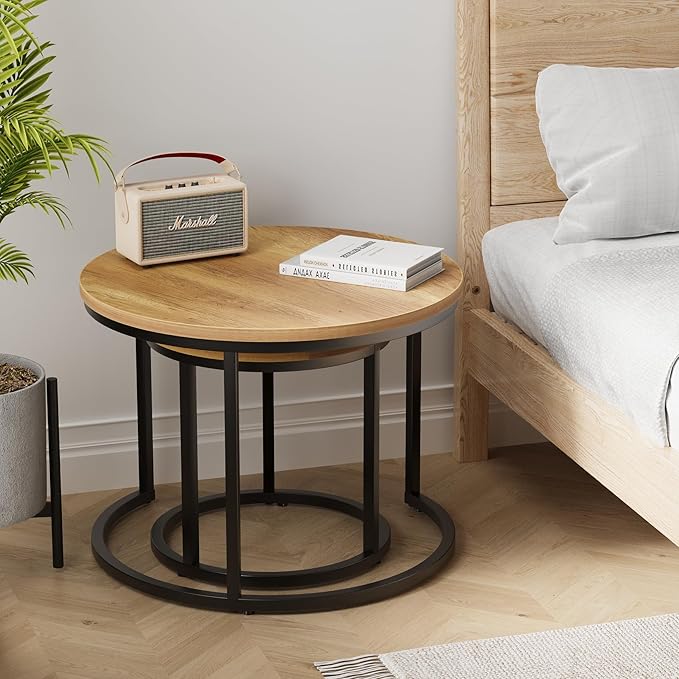 Smuxee Nesting Coffee Table Set of 2, 23.6" Round Coffee Table Brown Wood - Image 6