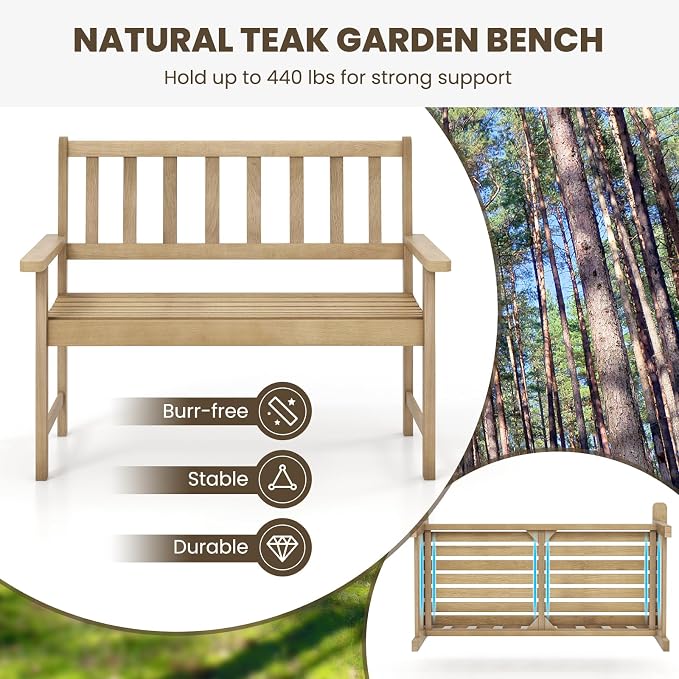 Tangkula Outdoor Teak Wood Garden Bench, 2-Person Patio Bench - Image 8