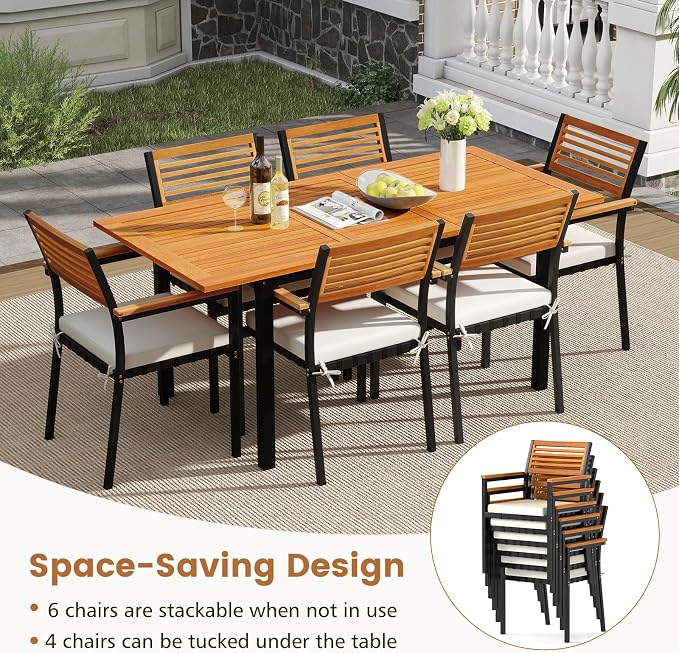 Tangkula 7 Piece Patio Dining Set, Outdoor Acacia Wood Cushioned Chairs and - Image 7