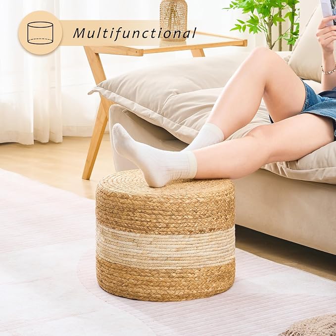 Handwoven Water Hyacinth Ottoman Pouf, Round Outdoor Footstool - Image 5