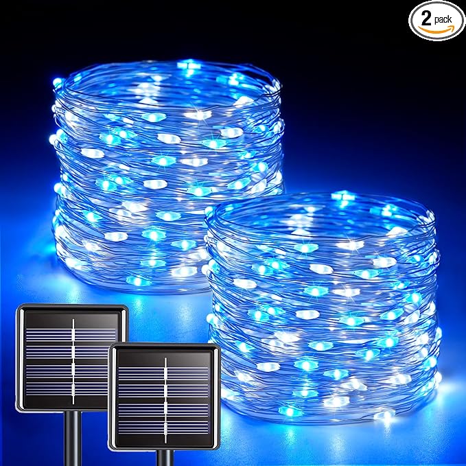 JMEXSUSS 2 Pack Blue and White Solar Christmas Lights, Each 33FT 100 LED Solar by JMEXSUSS