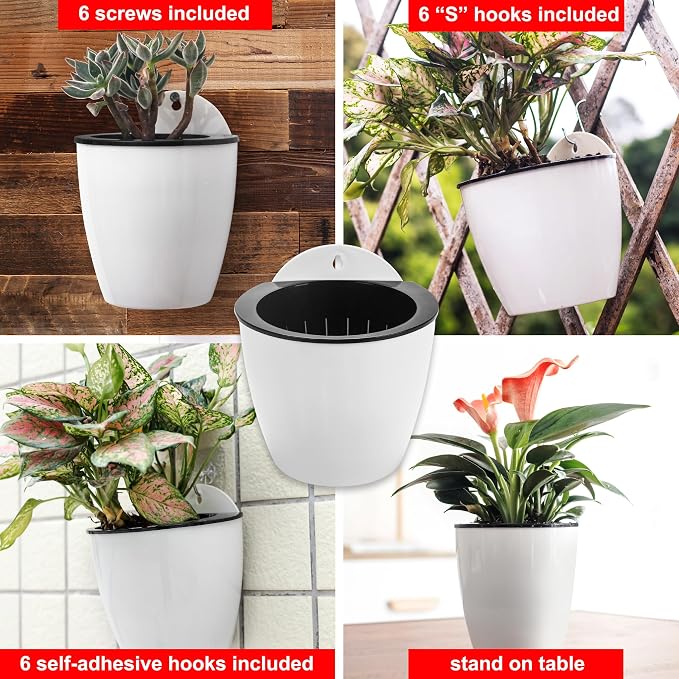 ORIMERC 6 Pack White Self Watering Wall Hanging Planter Pots Vertical Garden - Image 3