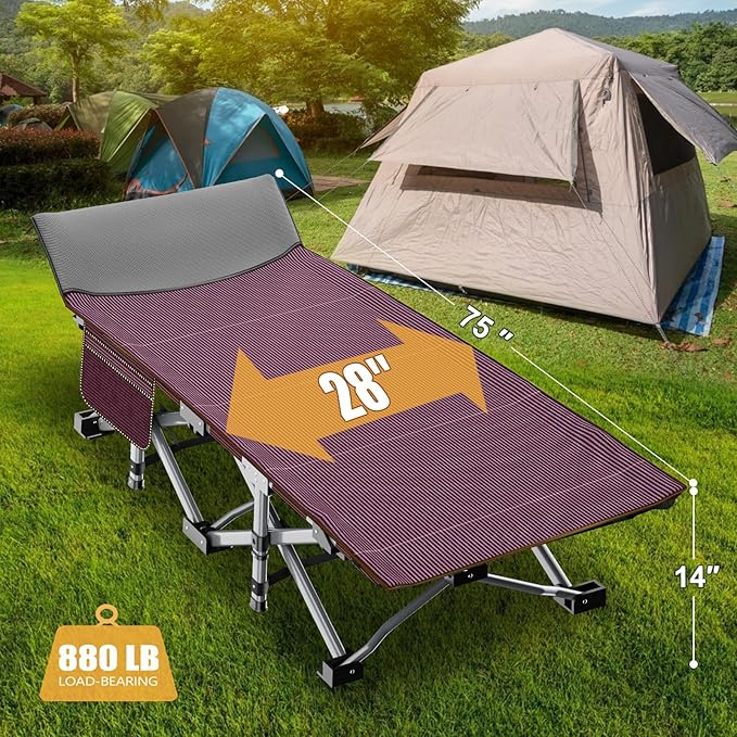 ABORON Camping Cot for Adult 28" Extra Wide, Heavy-Duty 1200D Oxford Cot for - Image 2
