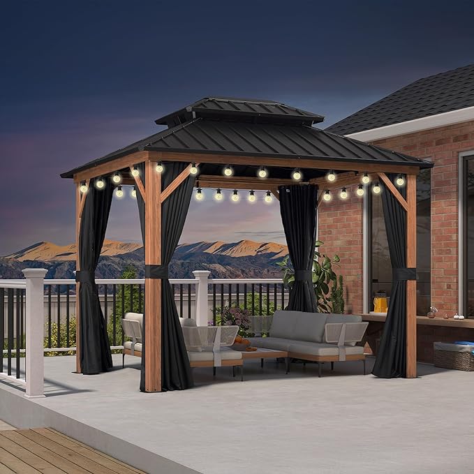 PURPLE LEAF 8' X 10' Hardtop Gazebo Outdoor Wood Grain Aluminum Frame by PURPLELEAF