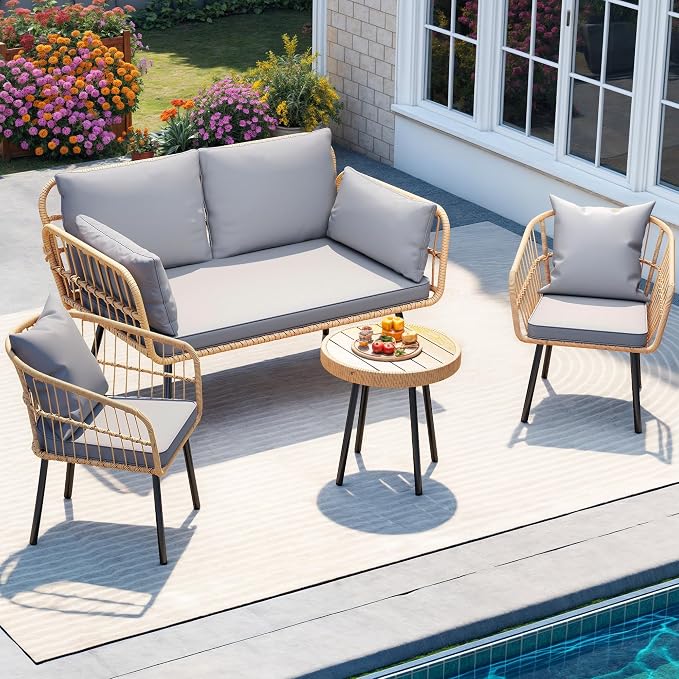 DWVO Patio Furniture Set 4 Pieces Boho Wicker Bistro Set, All Weather Outdoor by DWVO