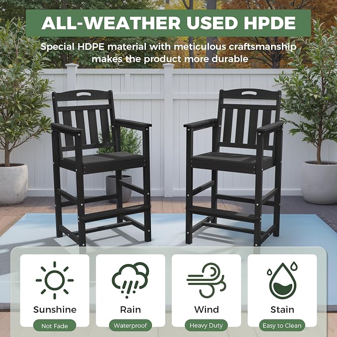 Outdoor Patio Bar Height Chair, All-Weather HDPE Tall Balcony Adirondack Stools - Image 2