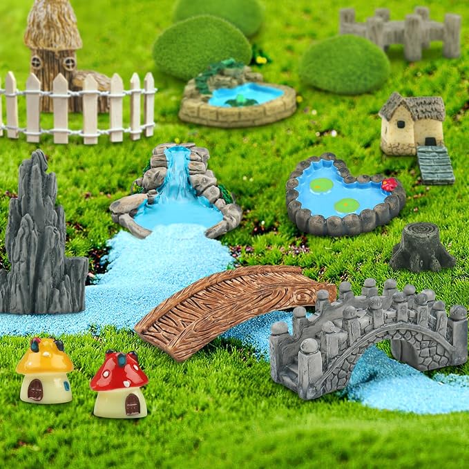 21 Pcs Fairy Garden Miniatures Accessories Bridge House Landscape Water Well - Image 4