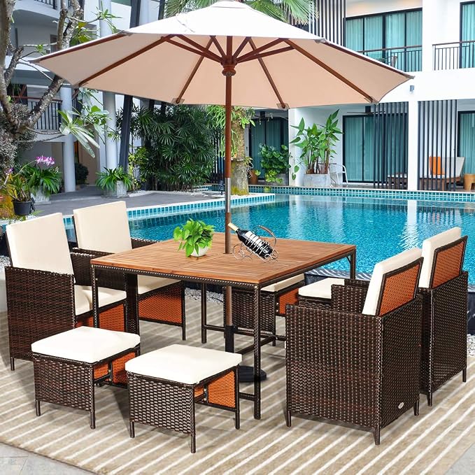 Tangkula 9 Pieces Acacia Wood Patio Dining Set, Space Saving Wicker Chairs and - Image 3