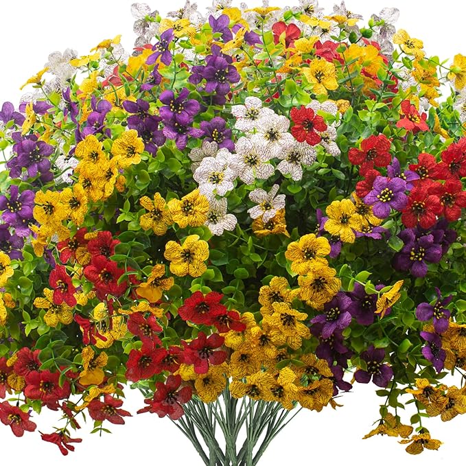 Artificial Fake Plants Flowers for Outdoor Spring Decoration, 16 Bundles Faux by Grunyia