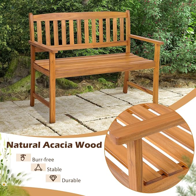 COSTWAY Wooden Bench Outdoor, Sturdy Outdoor Acacia Wood Bench - Image 6