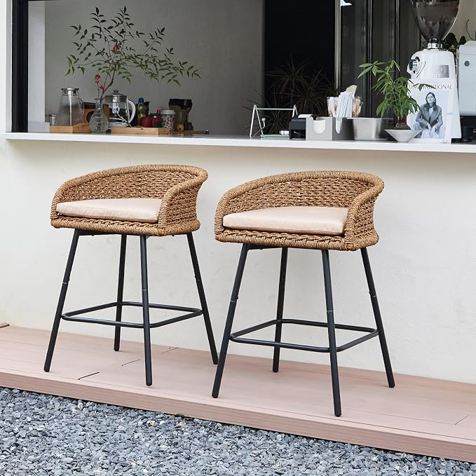 25" Outdoor Counter Height Bar Stools Set of 4, Modern Patio Wicker Bar Chairs - Image 3