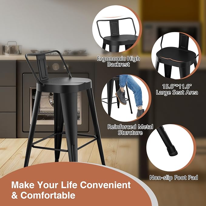 ALISH 26 Inch Bar Stools Set of 4, Industrial Metal Barstools Farmhouse Bar - Image 4