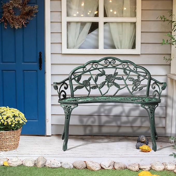 VINGLI 38.5" Patio Park Garden Outdoor Metal Rose Bench, 2-Person Cast Iron - Image 6