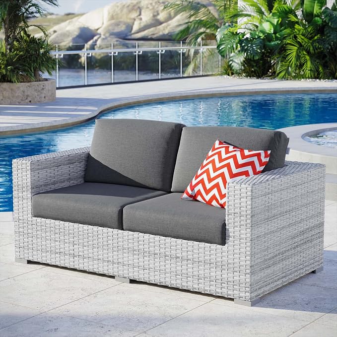 Modway Convene Wicker Rattan Outdoor Patio Loveseat in Light Gray Charcoal by Modway