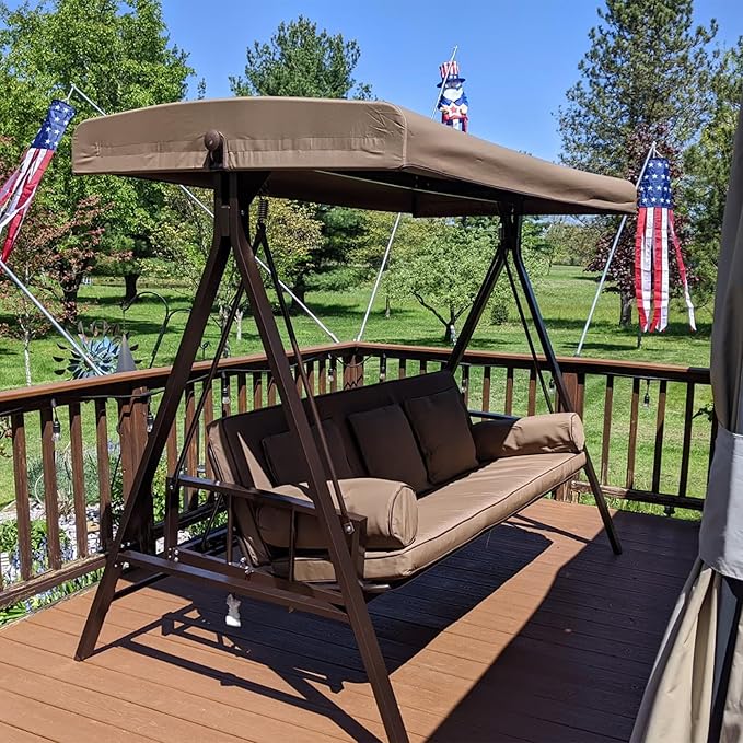 PURPLE LEAF Outdoor Patio Porch Swing Adjustable Backrest, 3-seat Swing Chair - Image 2