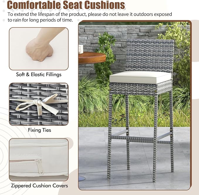 COSTWAY Outdoor Wicker Bar Stools Set of 4, Footrest and Backrest, Rattan - Image 5