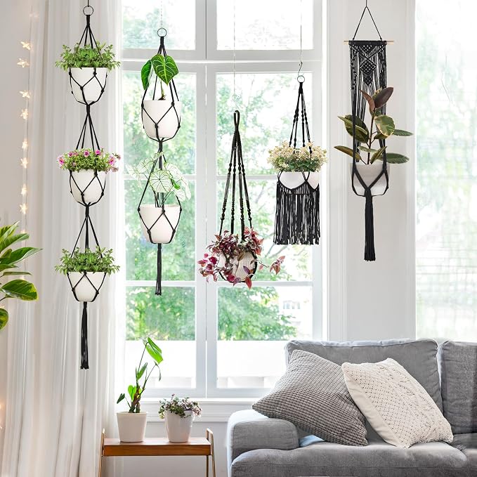 Mkono Macrame Plant Hangers, 5 Pack Different Tiers Indoor Hanging Planters - Image 3