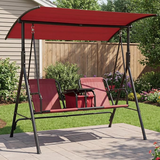 Porch Swing with Cup Holders & Pivot Storage Table & Cooler Bag with Adjustable - Image 9