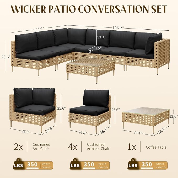 LHBcraft Patio Furniture Set, Large 7 Piece Wicker Outdoor Sectional Furniture - Image 2