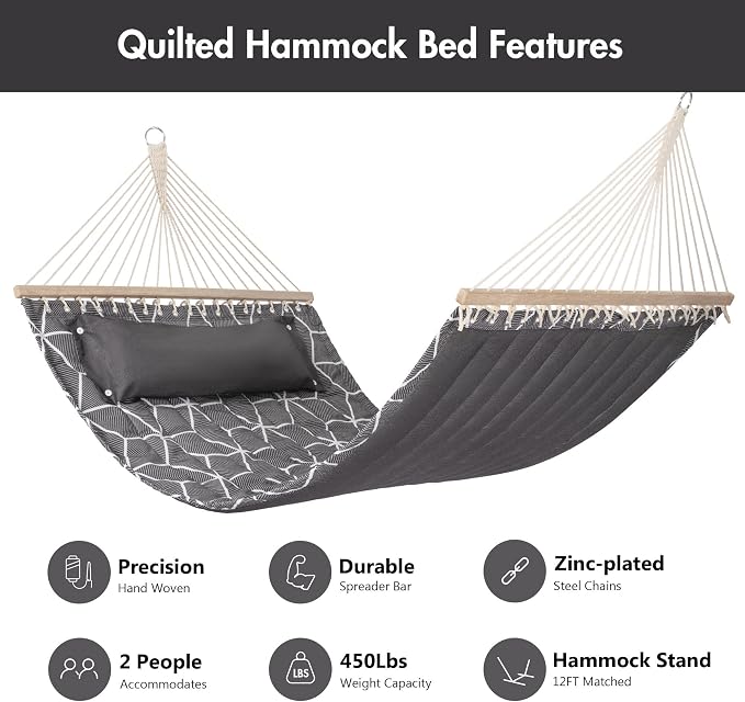 ANOW Outdoor Hammock with Spreader Bars and Detachable Pillow, 2 Person Hammock - Image 3