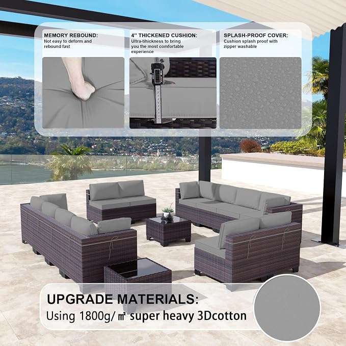 Kullavik 14 Pieces Outdoor Patio Furniture Set, Sectional Rattan Sofa Set Brown - Image 2