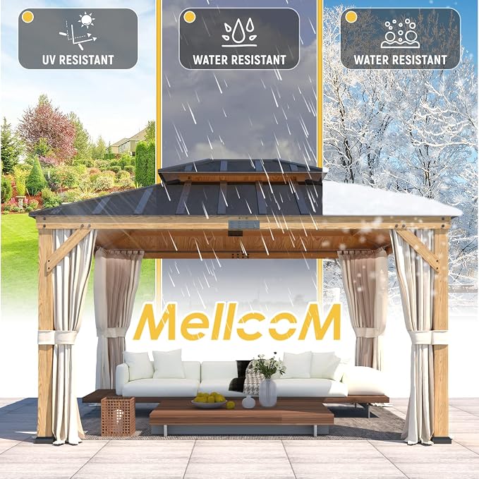 MELLCOM 11'x13' Asphalt Hardtop Gazebo, Spruce Wood Double Roof Gazebos - Image 7