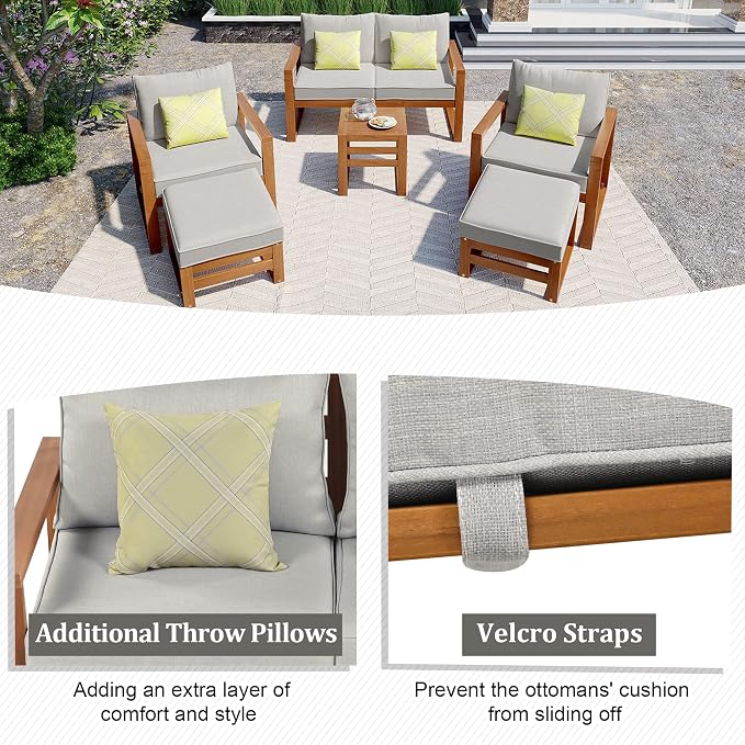 Outdoor Acacia Wood 6-Piece Conversation, Sectional Garden Seating Groups Chat - Image 7