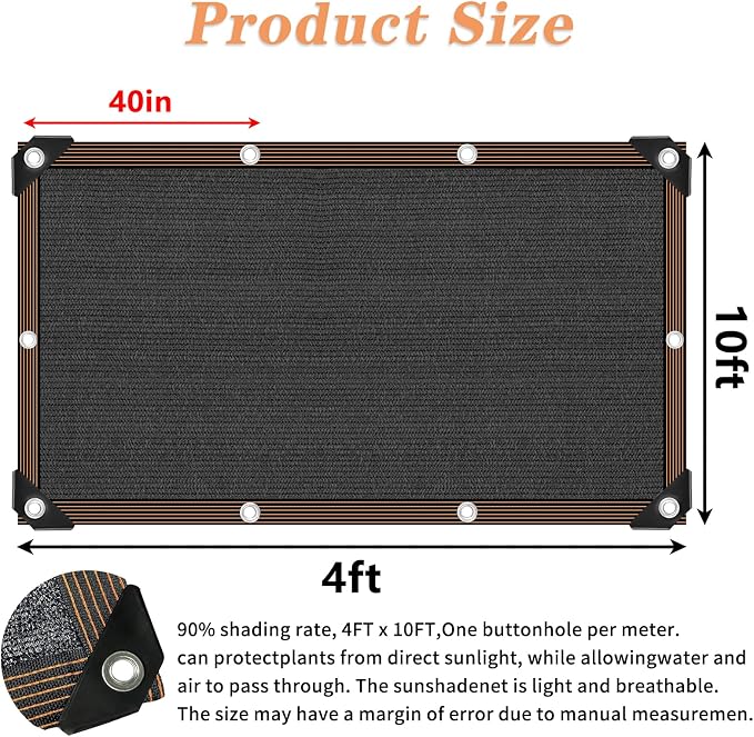4 * 10 FT Black Shade Cloth for Patio, 90% Mesh Tarp Sun Shade Cloth - Image 3