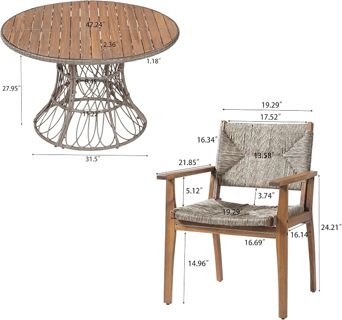 Merax 5-Piece Outdoor Dining Set, 47.24'' Round Acacia Wood Table & 4 Wicker - Image 2