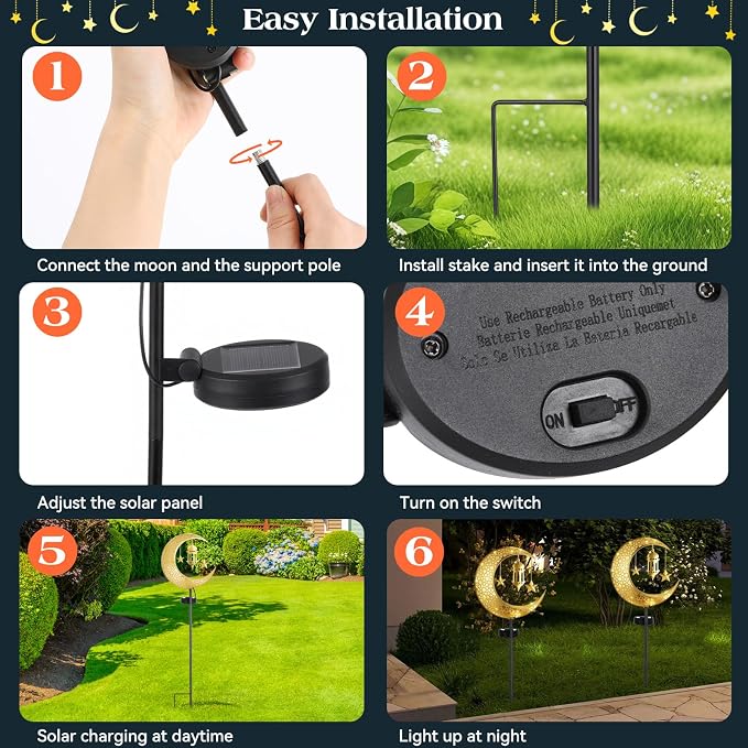 Lewondr 2Pcs Ramadan Solar Lights, Ramadan Decorations Outdoor, Metal Yard - Image 6