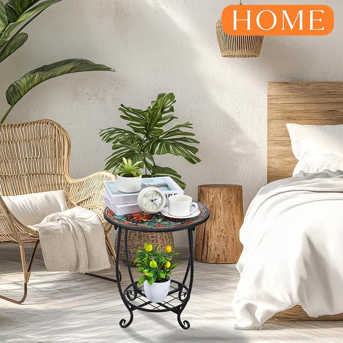 Outdoor Side Table Round Small Mosaic Patio Accent Indoor End Plant Coffee Tea - Image 6