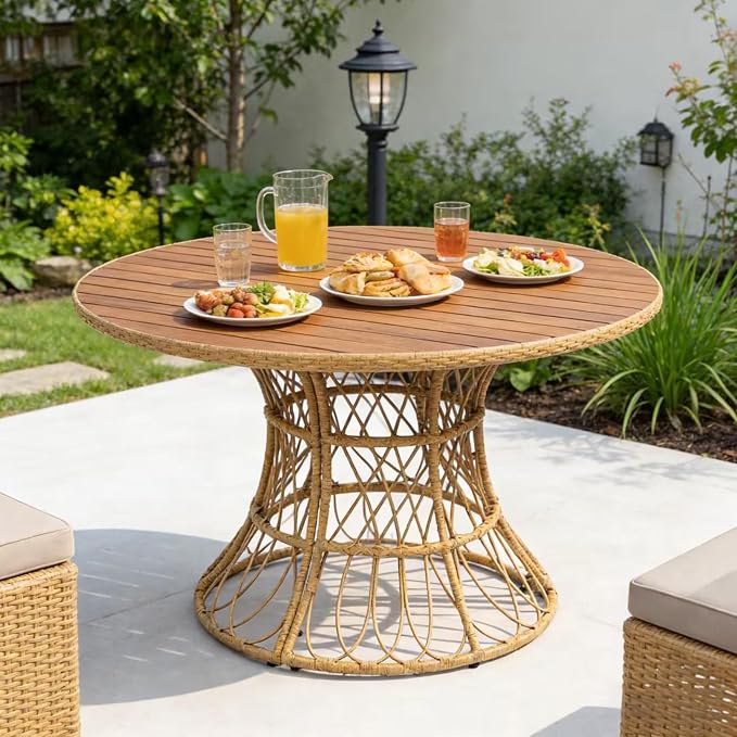 Merax 47.24" Round Outdoor Dining Table, Acacia Wood Top & Wicker Base by Merax