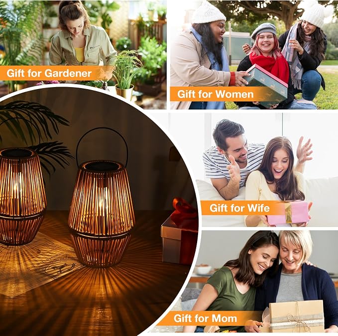 Uspring 2 Pack 3-in-1 Solar Lanterns Outdoor Waterproof Rattan Woven Hanging - Image 7