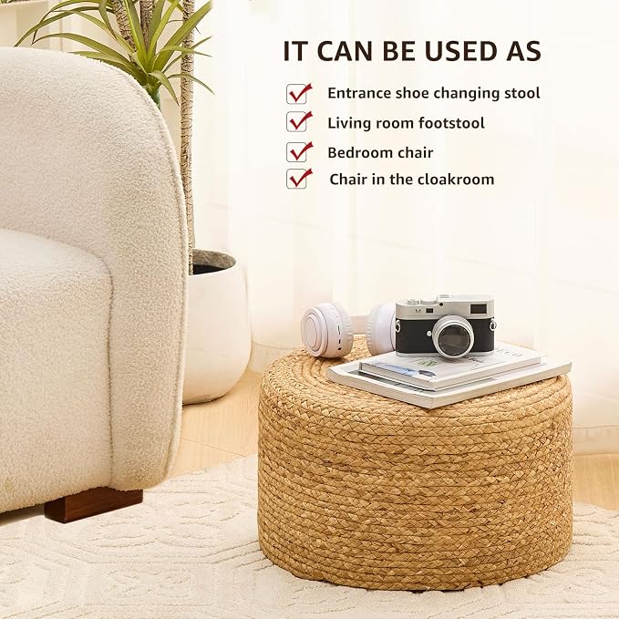 Wimarsbon Round Pouf Ottoman, Natural Hand Knitted Footrest Poof, Rustic Lounge - Image 5