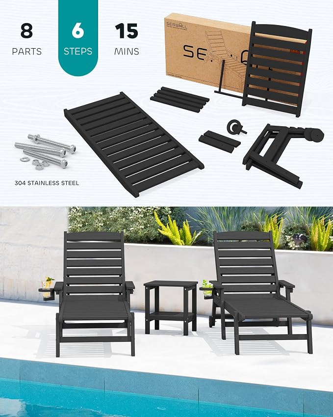 SERWALL Patio Chaise Lounge Chair, Poly Lounge Chair - Image 6
