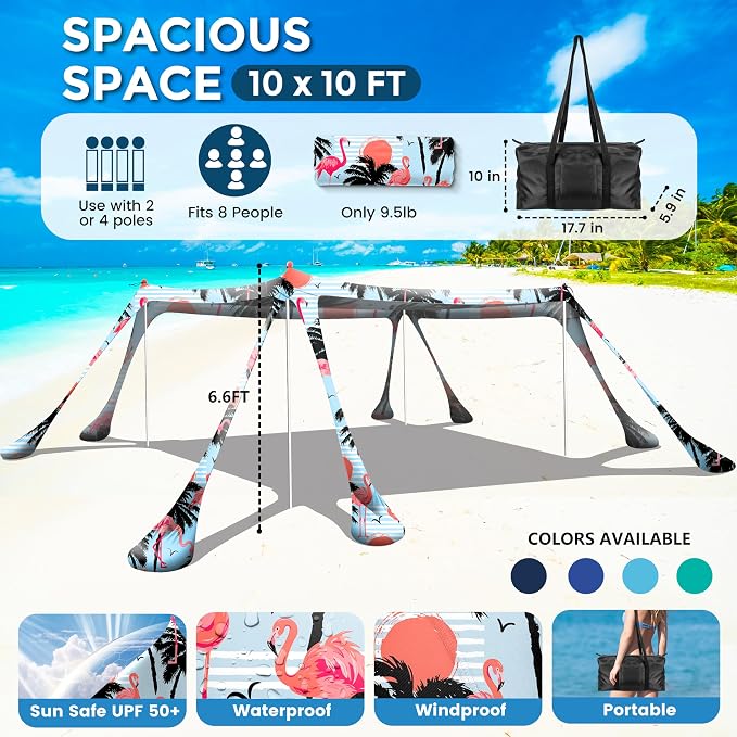 Beach Canopy Beach Tent Pop Up Shade 10x10ft Sun Shelter UPF50+ - Image 2
