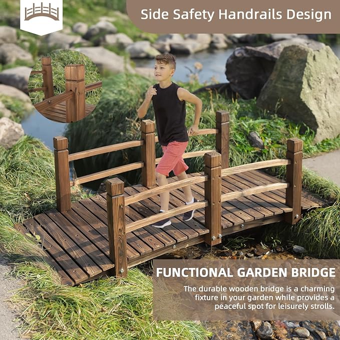 Wood Garden Bridge Classic Wooden Arch Stained Finish Footbridge - Image 2