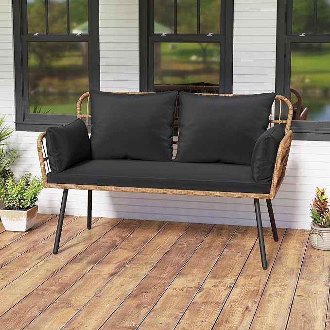 Tangkula Patio Wicker Loveseat, Outdoor Rattan 2-Seat Cushioned Sofa - Image 2