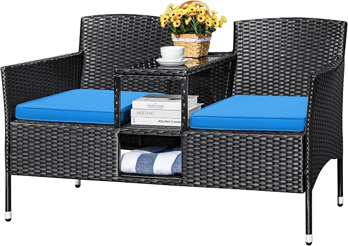 Devoko Outdoor Patio Loveseat Modern Rattan 2-Seat Patio Conversation Set by DEVOKO