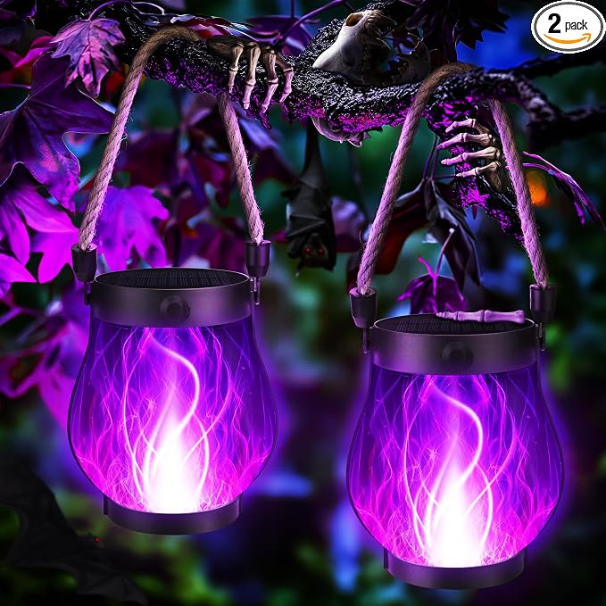 Solar Flame Lantern Hanging Outdoor Waterproof Purple by Jyoiat
