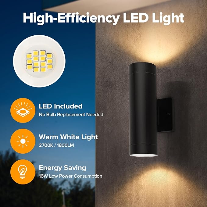 LUTEC Outdoor Wall Light Fixtures, Integrated LED Cylinder Up-Down Sconce - Image 2