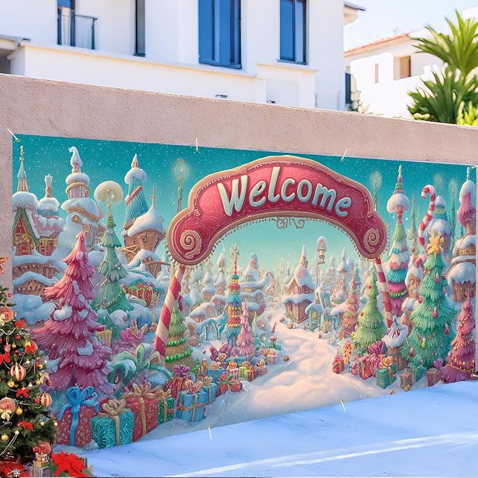 Welcome Christmas Town Garage Door Cover 6x13FT, Candy Land Style Winter - Image 6