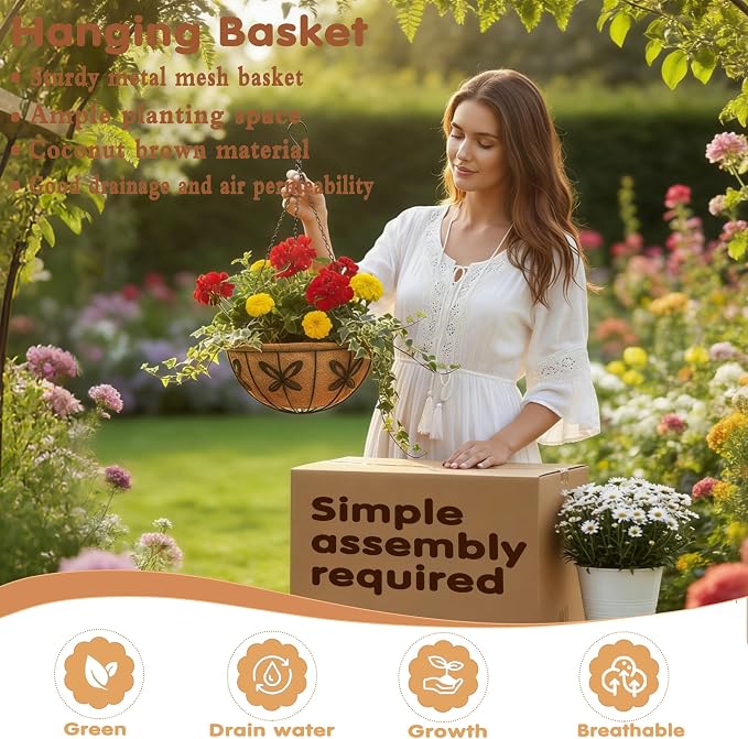 12 inch Metal Hanging Baskets For Plants Outdoor 4 Pack Round Metal Wire - Image 2