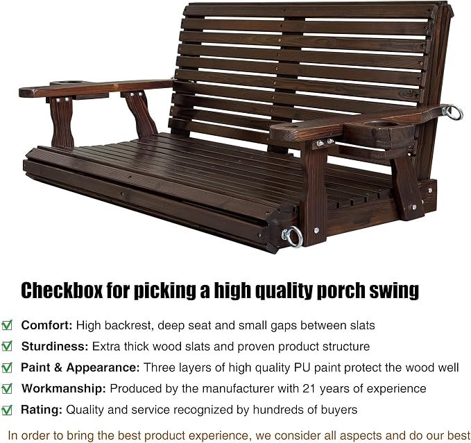 Wooden Porch Swing 2-Seater, High Backrest and Deep Seat, Bench Swing - Image 4