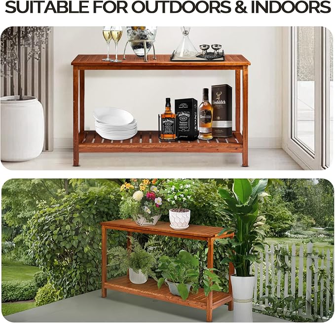VINGLI 49in Solid Wood Outdoor Console Table, 2-Shelf Wooden Outdoor Accent - Image 4