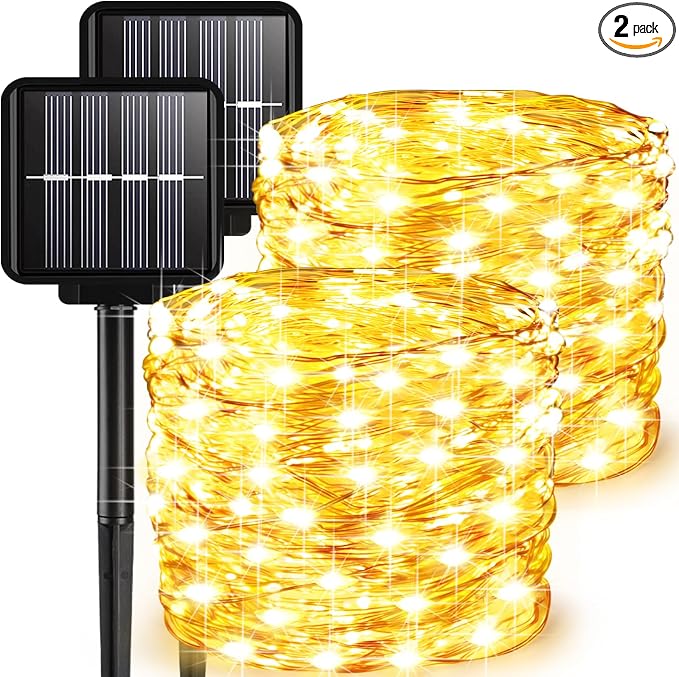 2 Pack Solar Fairy Lights Outdoor, 33 Feet 100 LEDs 8 Modes String Lights by ALENEY