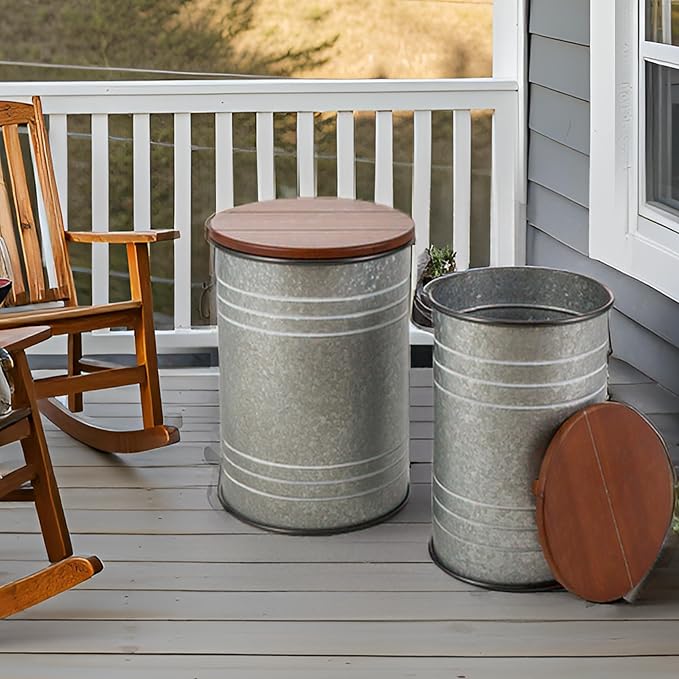 Glitzhome Rustic End Table Set of 2, Farmhouse Galvanized Metal Barrel Ottoman - Image 2