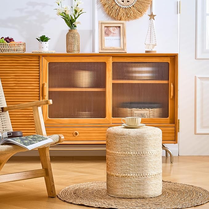 Wimarsbon Natural Seagrass Foot Stool, Hand Weaving Round Ottoman, - Image 4