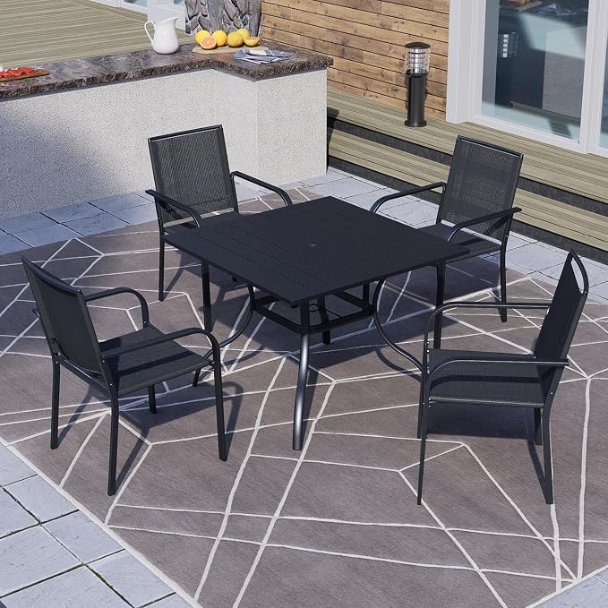 5 Piece Patio Dining Set, Outdoor Black Sling Stackable Chairs and 35" Square - Image 8